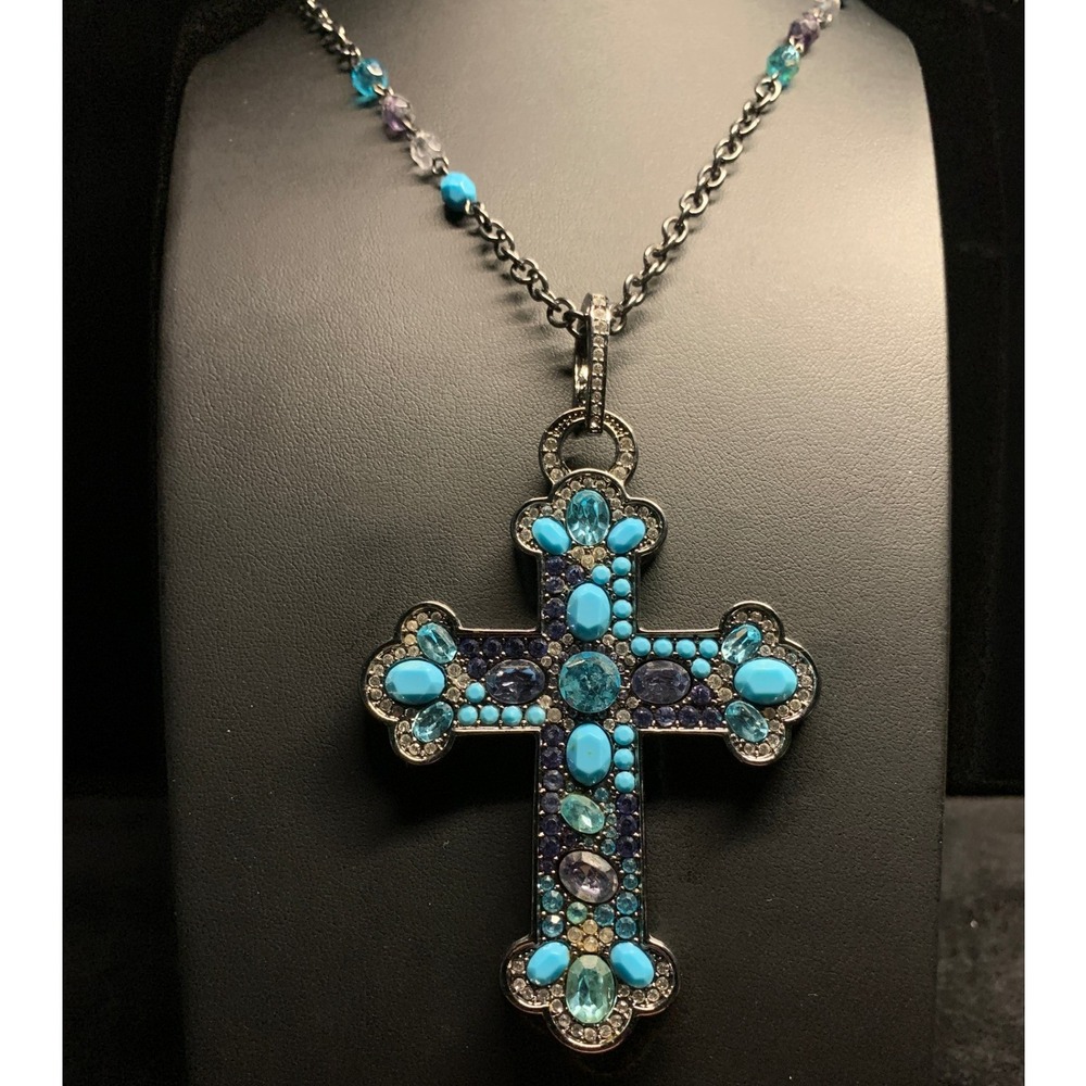 Gunmetal Cross Pendant Blue Purple Crystal Large Statement Necklace 26 In